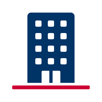 Icon of a multi-story building with a red base.