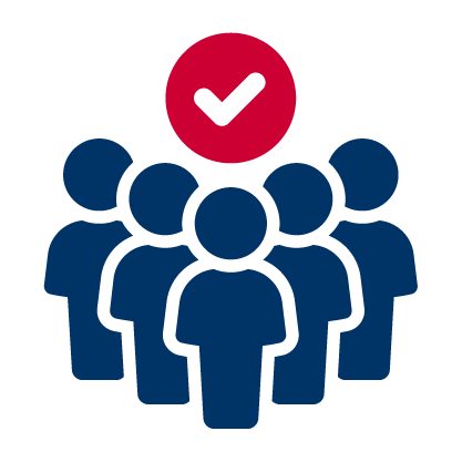 Icon of a group of people with a checkmark above, symbolizing approval or validation.