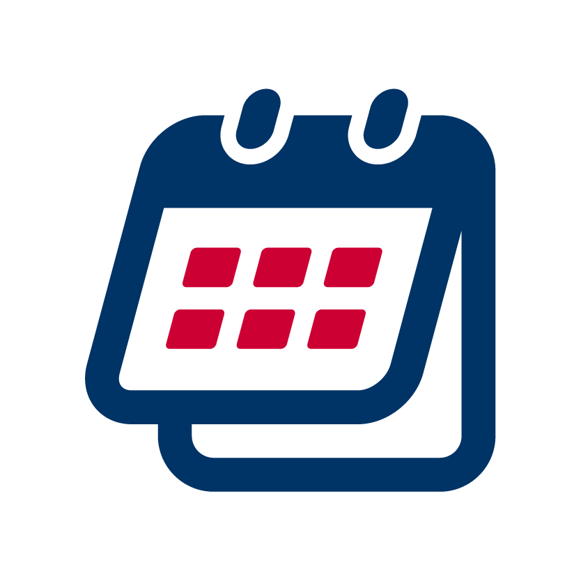 Icon of a calendar with red squares representing dates.