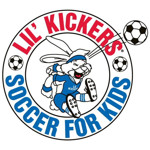 Logo for 'L'il' KICKERS Soccer for Kids' featuring a cartoon rabbit in a soccer uniform, running with butterflies, surrounded by soccer balls, with red and blue text.