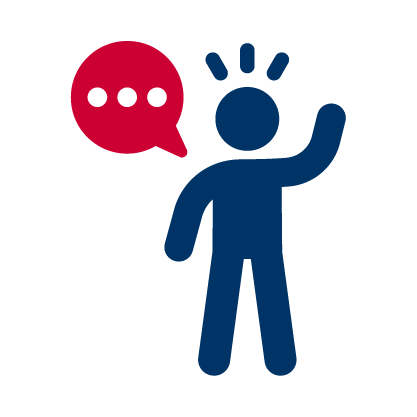 A blue stick figure waving with a speech bubble containing three dots next to its head.