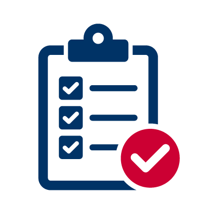 Icon of a clipboard with checkmarks and a large red checkmark in a circle.