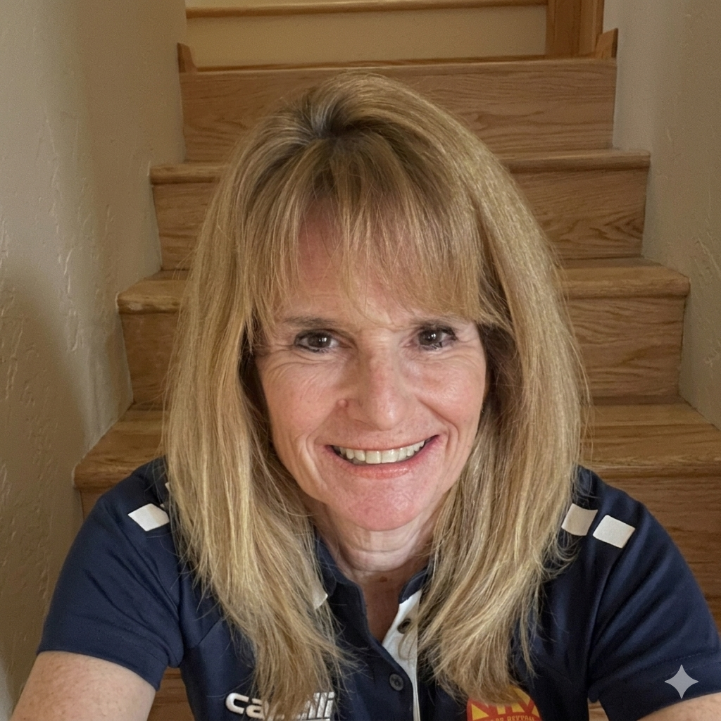 A smiling woman with long blonde hair takes a selfie on a wooden staircase inside a house.
