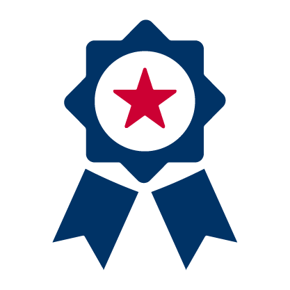 A blue award ribbon with a red star in the center.