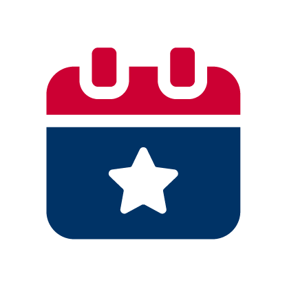 Icon of a calendar with a star in the middle, featuring a red top section and blue bottom section.