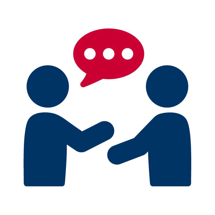 Two figures shaking hands with a speech bubble above them, suggesting a conversation or agreement.