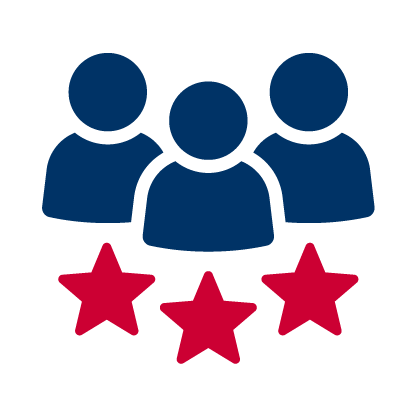 Icon of three people with three red stars underneath, representing quality or rating.