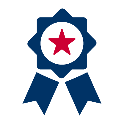 A blue award ribbon with a red star in the center.