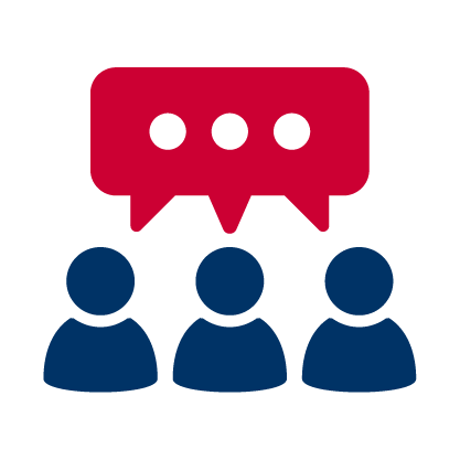 Icon of three blue people with a red speech bubble above them containing three black dots.