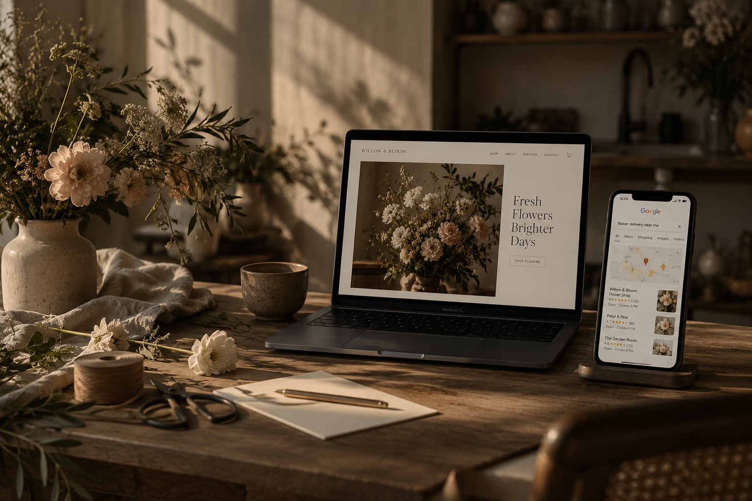 Moody florist workspace with fresh flowers, a laptop displaying a flower shop website, and a phone showing local Google search results.