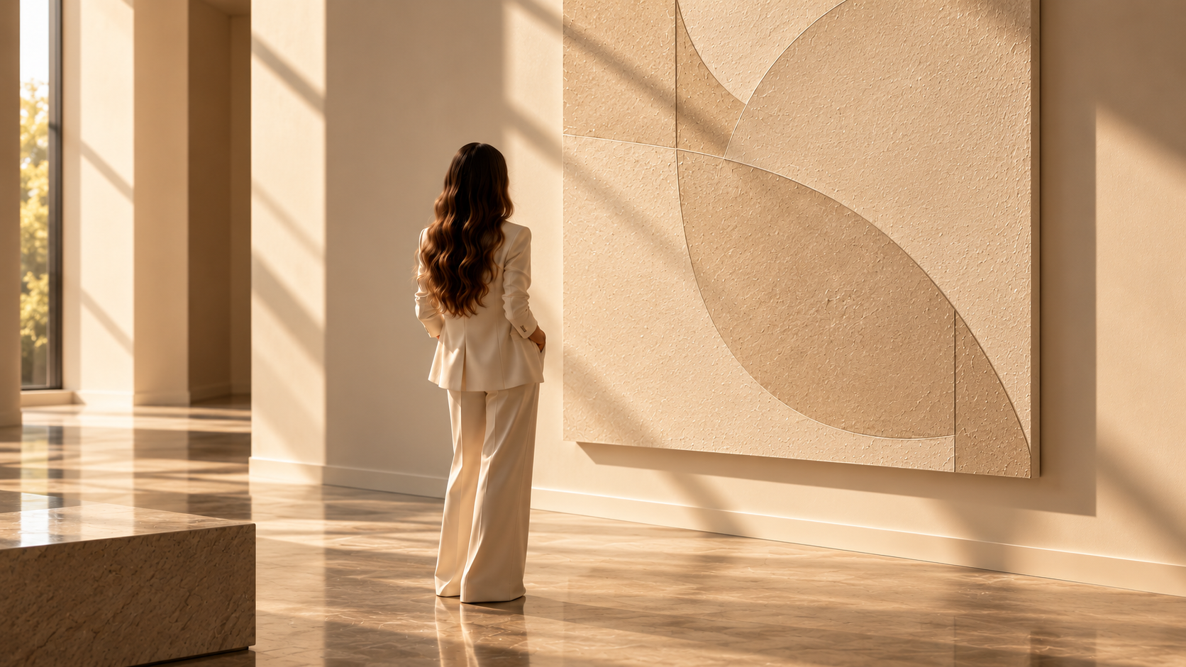 Woman with long wavy brown hair wearing an ivory suit, seen from behind viewing a large textured abstract artwork in a sunlit minimalist gallery.