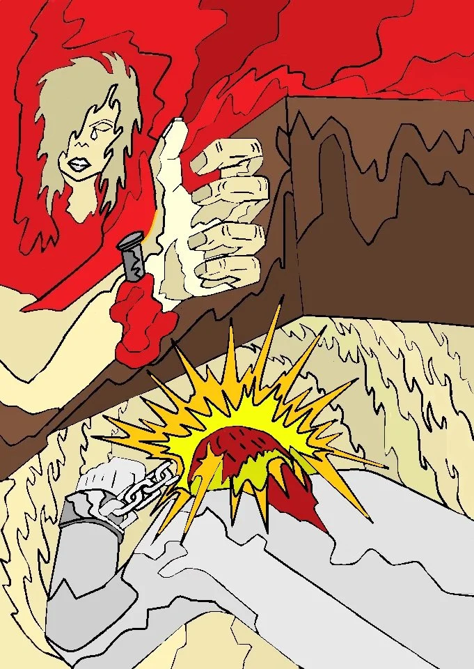 A comic-style illustration of a woman with wild blonde hair holding a lit match, with a weapon in her other hand, overlooking a scene of a hand hitting a large, curved object causing an explosion, with an intense red background.