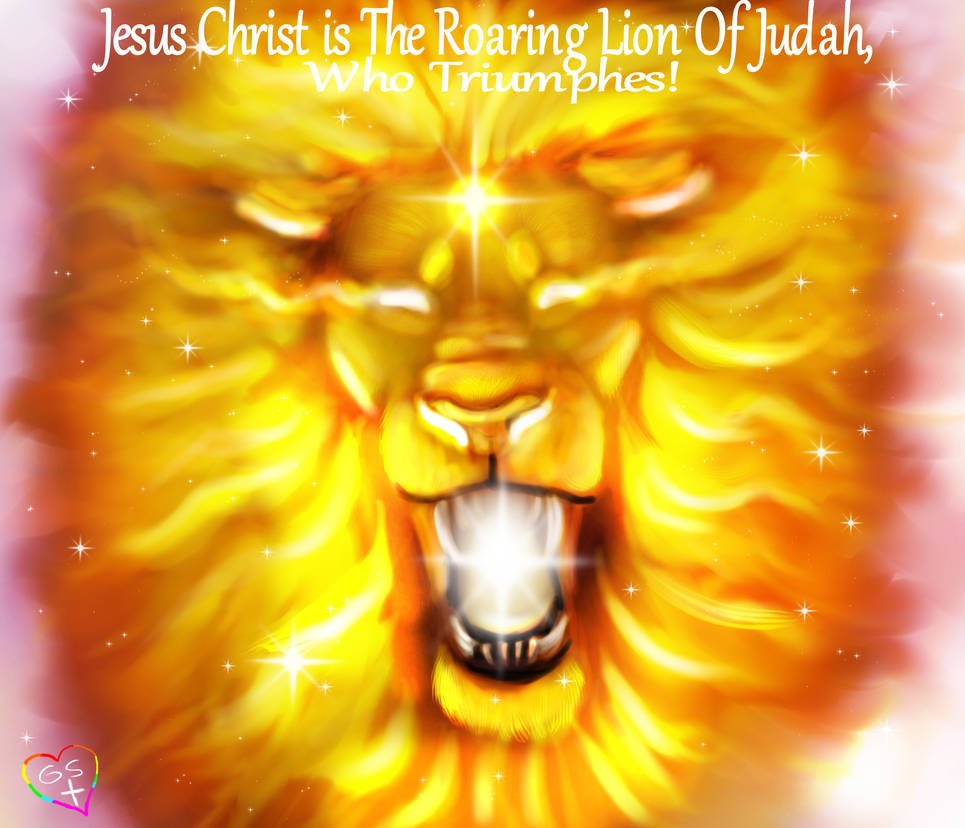A glowing, fiery illustration of a roaring lion's face with a radiant star on its forehead, surrounded by sparkles. The text reads: "Jesus Christ is The Roaring Lion Of Judah, Who Triumphs!" in white and yellow font.