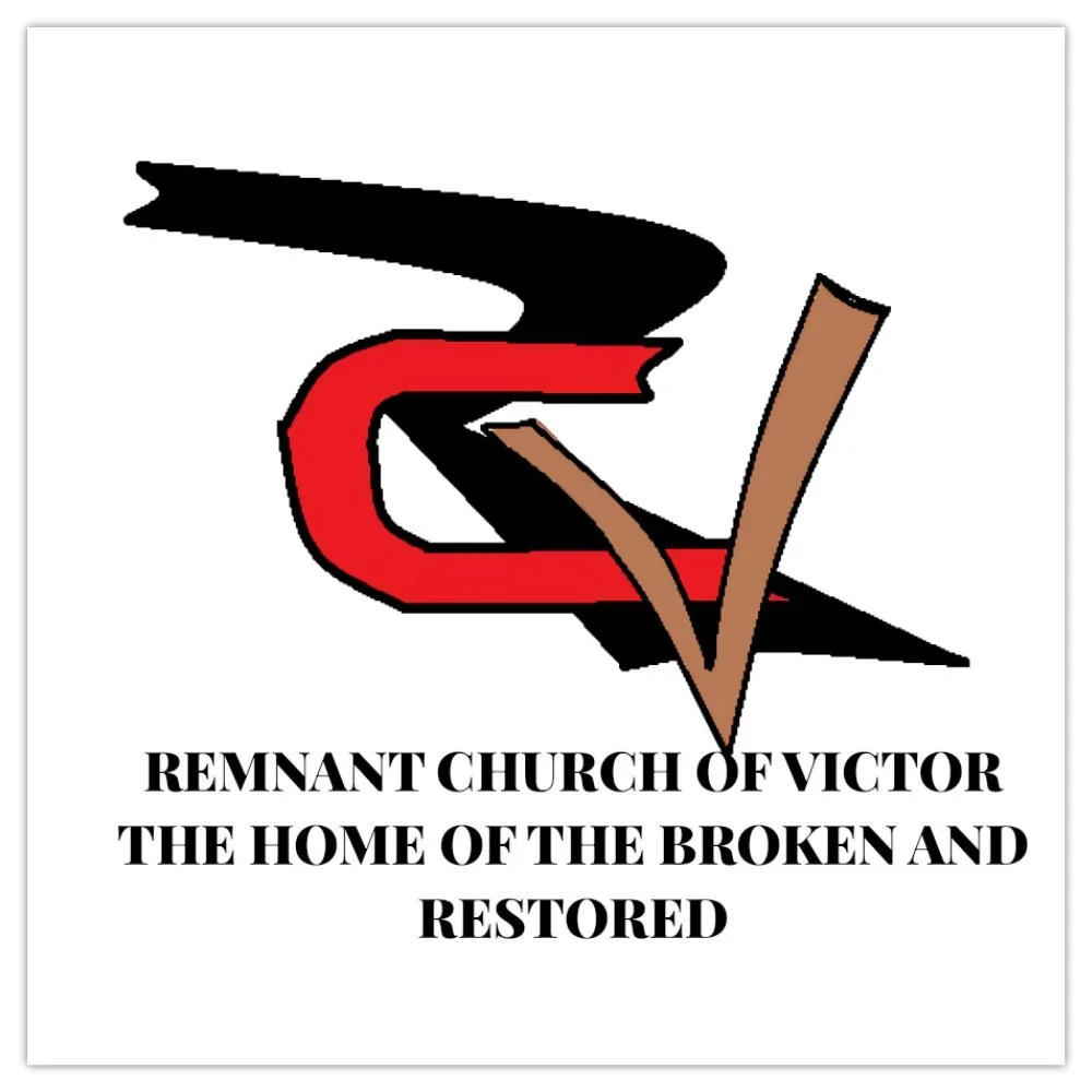 Logo featuring a stylized black and red snake with a dove and a checkmark, with text reading "Remnant Church of Victor, The Home of the Broken and Restored."