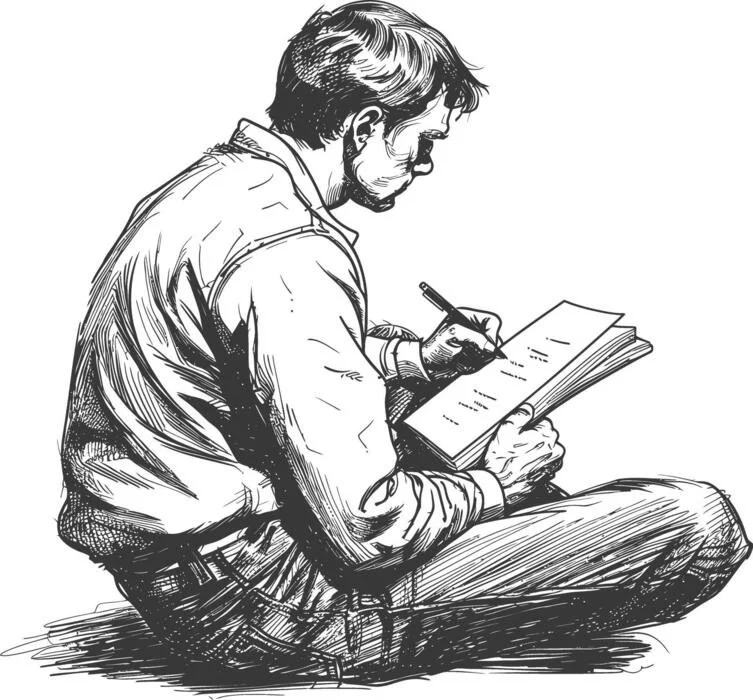 Sketch of a man sitting cross-legged reading a book and writing with a pen.