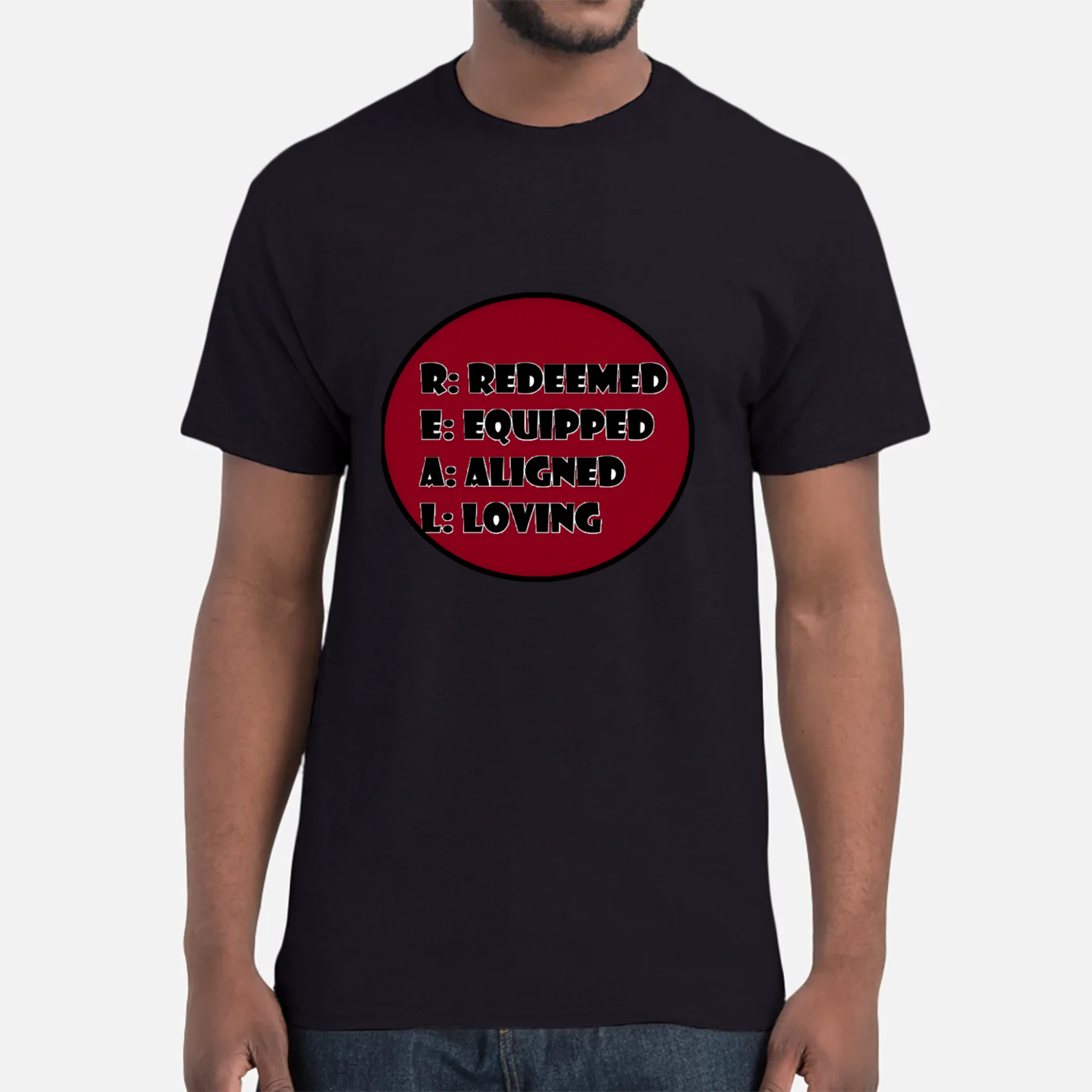 A person wearing a black T-shirt with a red circle design containing text about the color-coded system for emergency response.