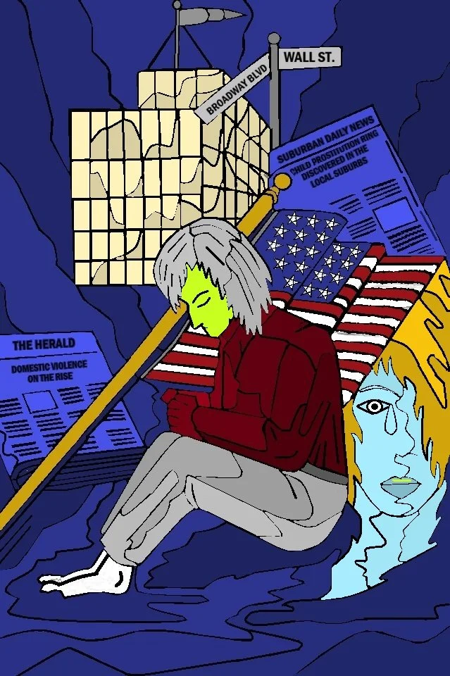Illustration of a woman sitting with her knees up, clutching a yellow pencil, with newspapers surrounding her, a map of a city in the background, and an abstract female face with blue skin to her right.