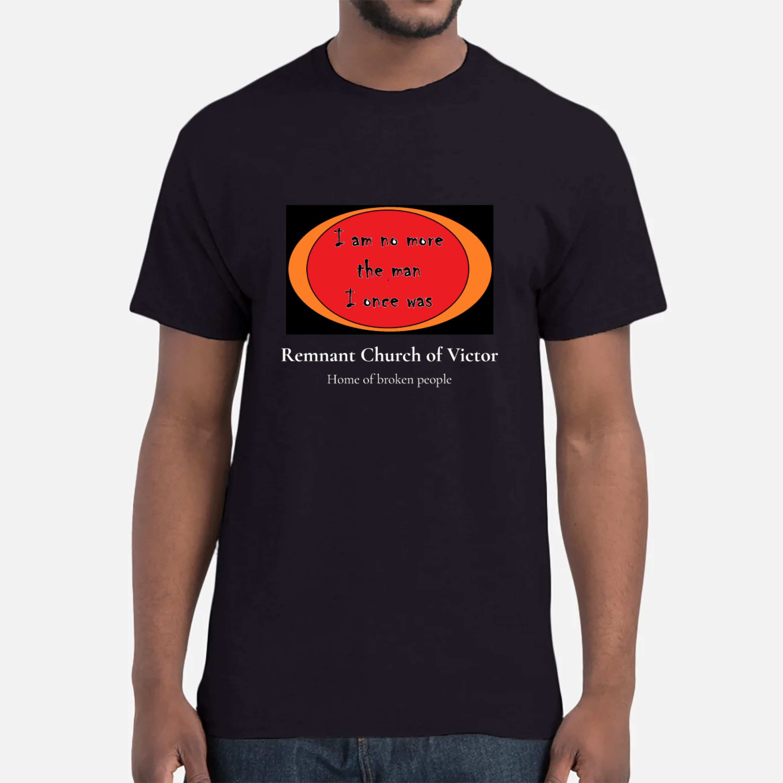 A man wearing a black t-shirt with a red oval graphic that has black text reading, 'I am no more the man I once was.'