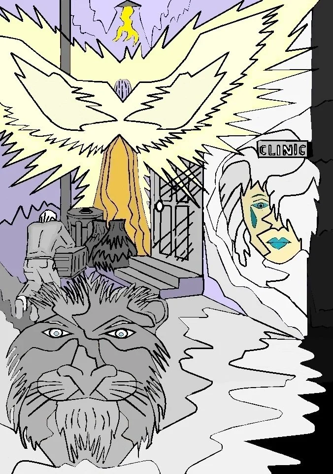 Illustration of an abstract scene with a large butterfly, a person in a clinic, a lion with blue eyes, and a woman's face with makeup, all in a stylized art style with bold lines and limited colors.