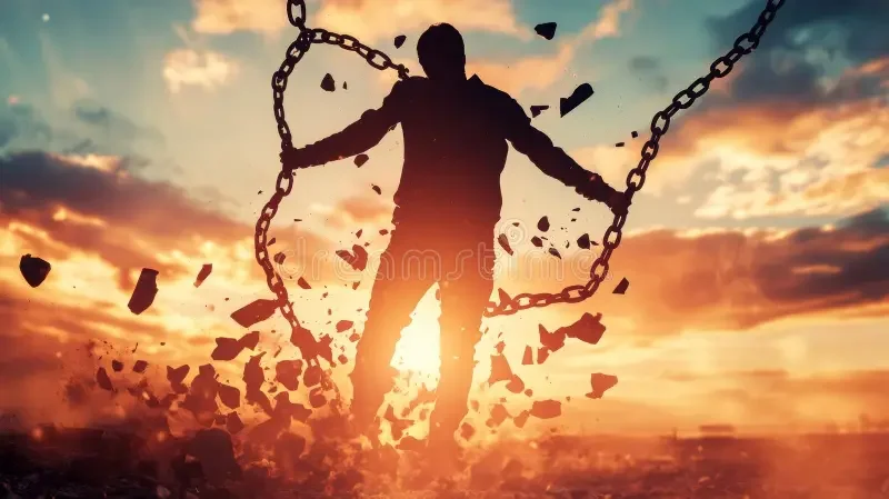 A silhouette of a person on a broken swing with a sunset background.