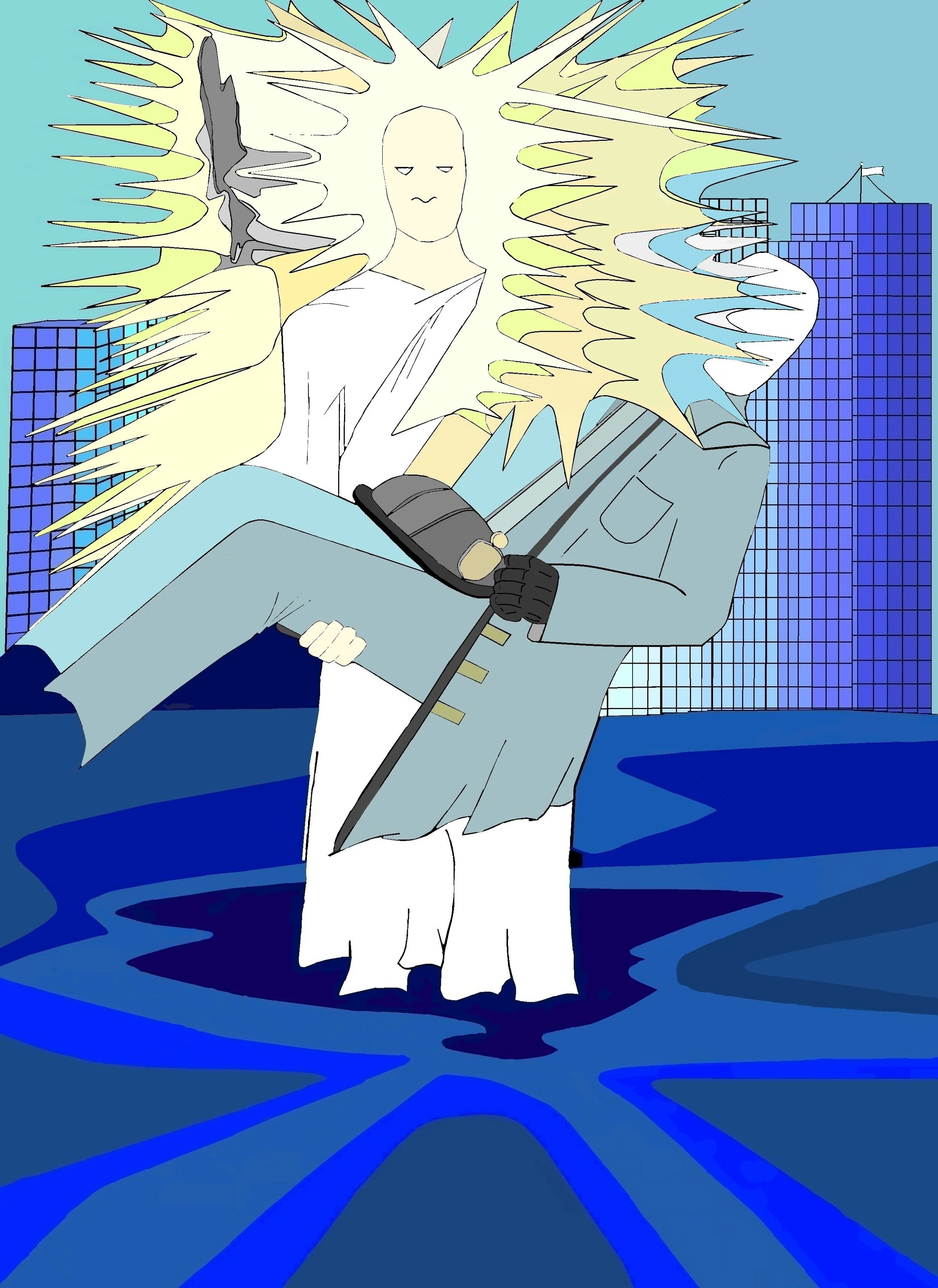 A digitally created image of a woman holding a plaque, standing in front of a cityscape with tall buildings, with a large bright starburst-like graphic behind her.
