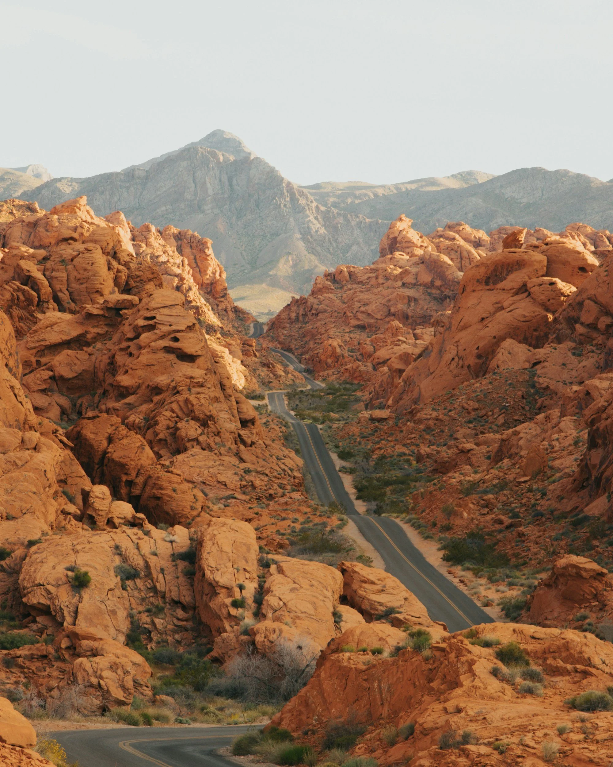 A winding road running through a desert landscape with orange and red rock formations and mountains in the background under a clear sky.