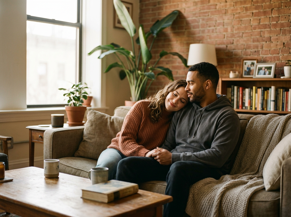 A couple sitting on a couch in a living room, the woman resting her head on the man's shoulder, both smiling gently. The room has large windows, potted plants, a bookshelf, and a brick wall.