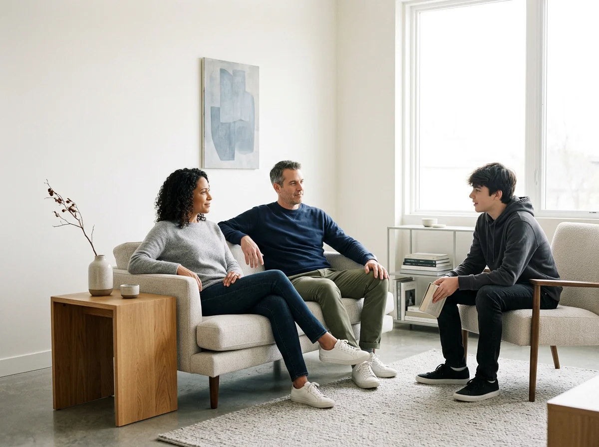 A counseling session with two adults and a teenager seated in a living room with neutral decor, a window, and minimal furniture.