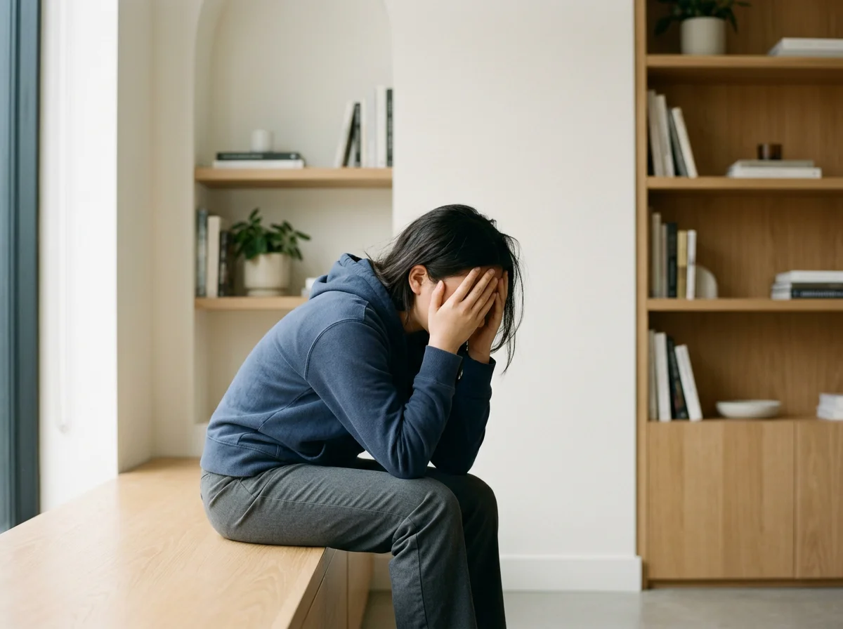 A woman sitting on a wooden ledge with her hands covering her face, appearing distressed or upset in a cozy living room with bookshelves and a potted plant in the background.