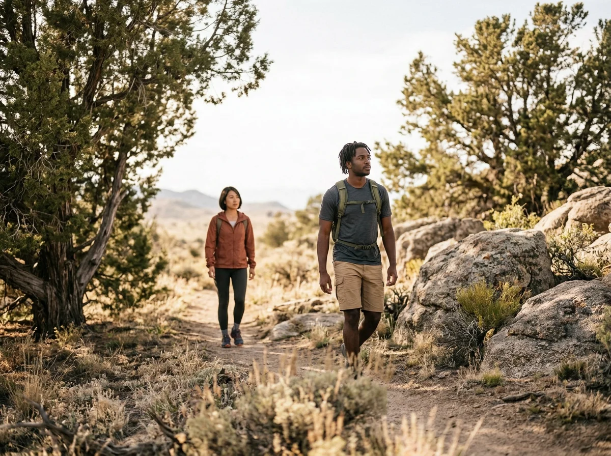 Two hikers walking on a dirt trail in a desert landscape with rocks and sparse trees.