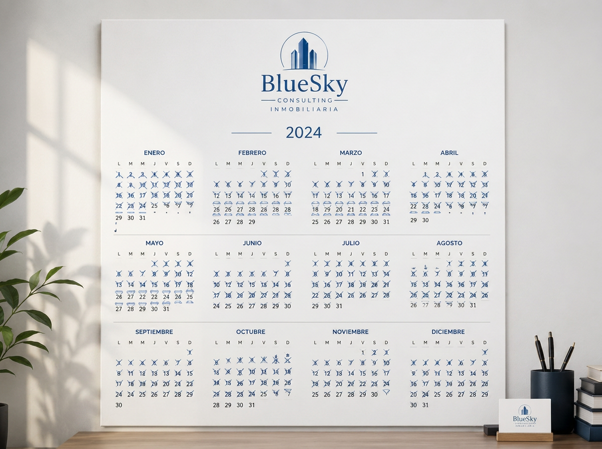 2024 calendar from BlueSky Consulting Inmobiliaria on a white wall, with months from January to December in blue, days marked with blue Xs, and a logo of buildings at the top.