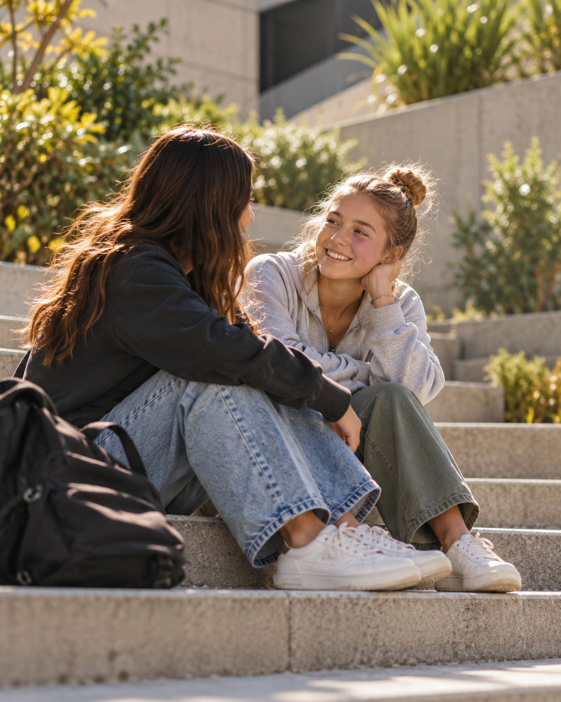 Two young women sitting on outdoor steps, engaged in conversation. One has brown hair and is wearing a black jacket and jeans; the other has blonde hair in a bun and is wearing a gray hoodie and olive green pants. There is a black backpack beside them, and greenery is in the background.
