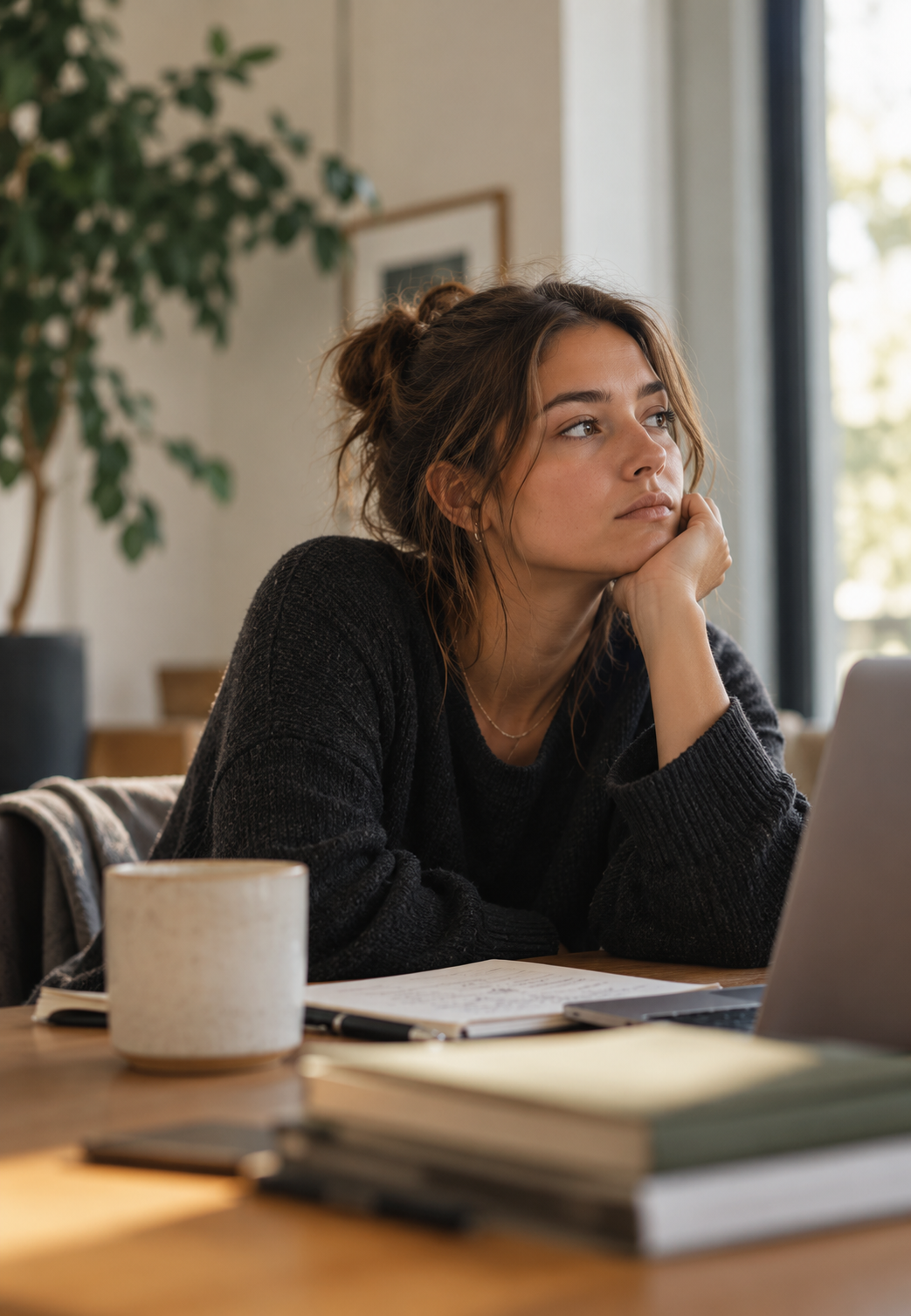 A young woman with brown hair, sitting at a wooden table, resting her chin on her hand, looking thoughtfully out a window. She has a laptop, notebooks, and a mug on the table. The background features a potted plant and framed artwork.