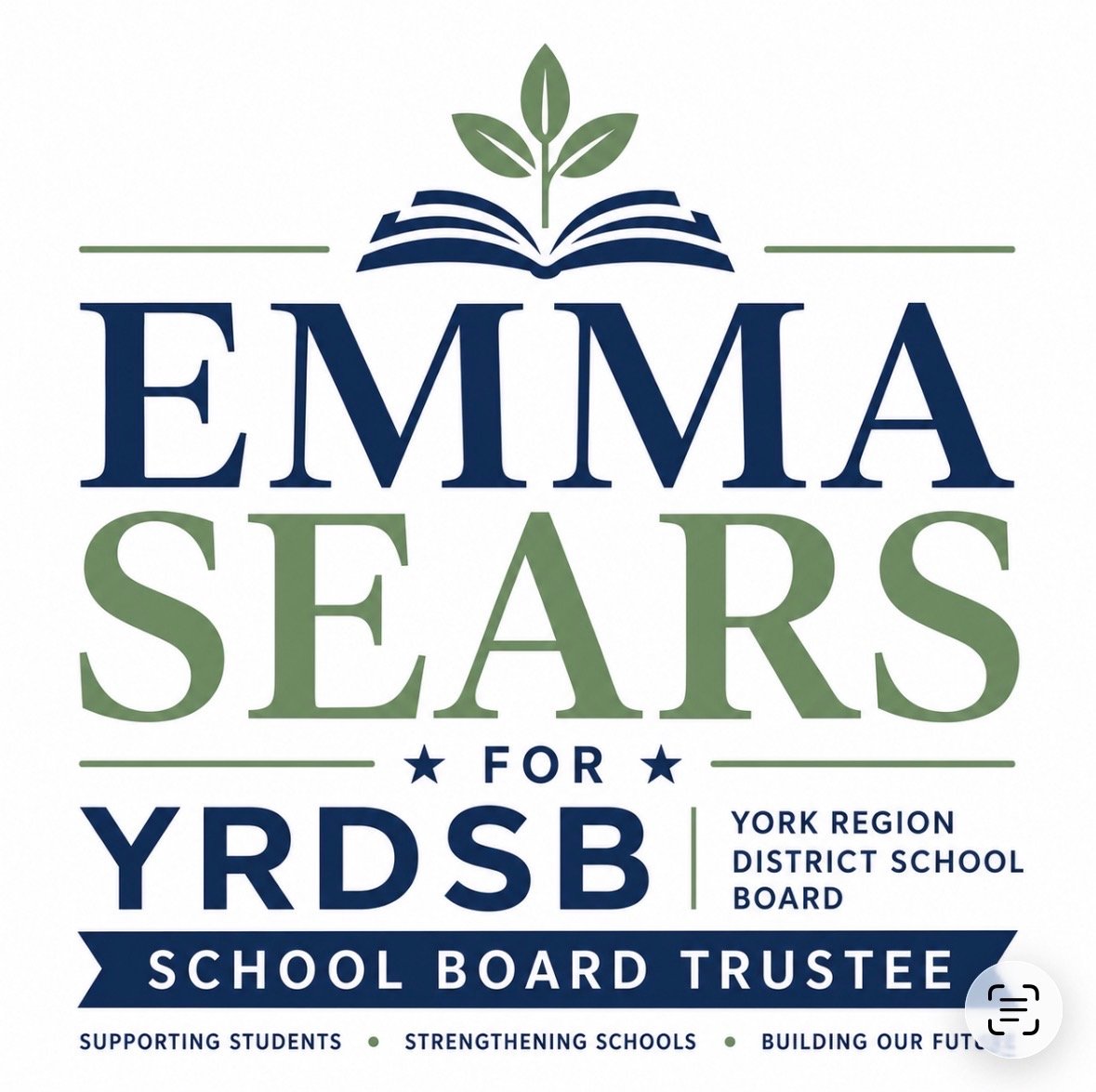 Campaign poster for Emma Sears, a candidate running for York Region District School Board trustee, featuring a stylized open book with a plant growing from it, and text highlighting support for students, strengthening schools, and building the future.