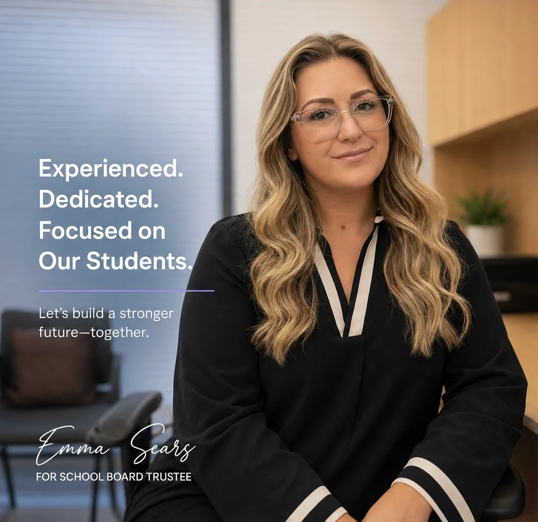 Professional woman with wavy blonde hair and glasses sitting at a desk in an office, wearing a black blouse with white and black striped trim on the collar and sleeves, with text on the image promoting her candidacy for school board trustee.