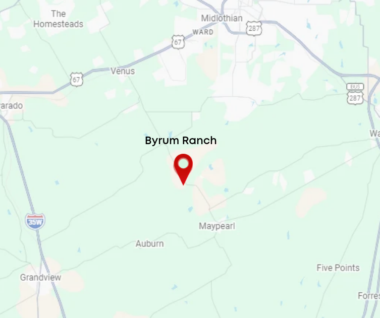 Map showing the location of Byrom Ranch near Maypearl, Texas, with surrounding towns and highways.