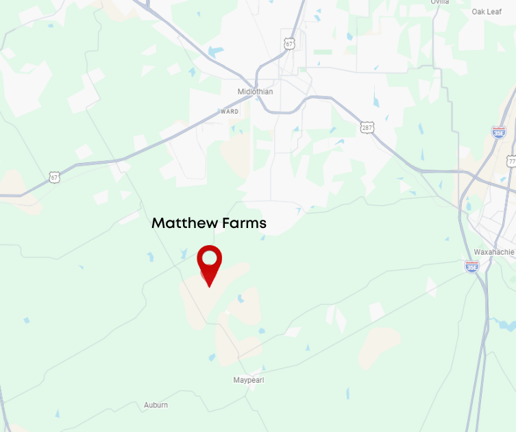 Map showing Matthew Farms located south of Maypearl and east of Auburn, near Midlothian and Waxahachie, Texas.