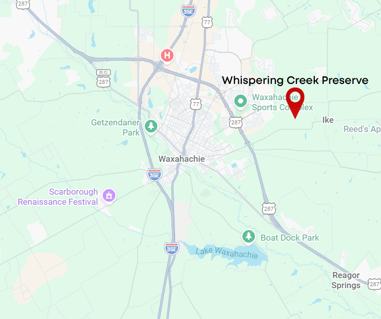 Map of Waxahachie, Texas, showing landmarks such as Whispering Creek Preserve, Getzendener Park, Waxahachie Sports Complex, Boat Dock Park, and Lake Waxahachie.