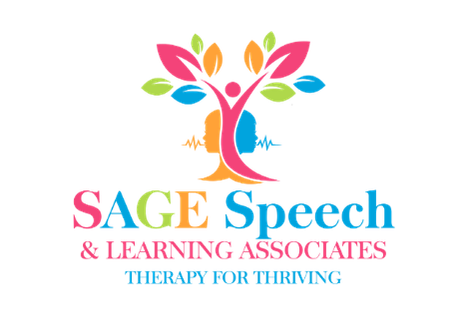 Logo for SAGE Speech & Learning Associates, featuring a colorful tree with branches of pink, green, blue, and orange, and the text 'SAGE Speech & Learning Associates' with the tagline 'Library for Dreaming'.