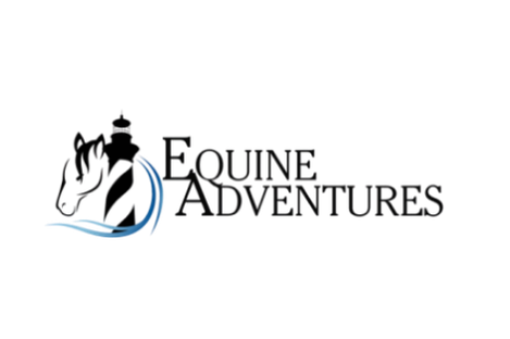 Logo for Equine Adventures featuring a horse's head and a wave design element.
