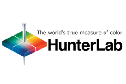 HunterLab logo with a colorful 3D cube and a vertical glowing white rod sticking out from the top, accompanied by the text 'The world's most accurate color measurement'.