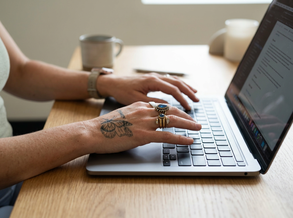 Person typing on a laptop keyboard with tattoos and rings on their fingers, sitting at a wooden table with a mug and other objects in the background.