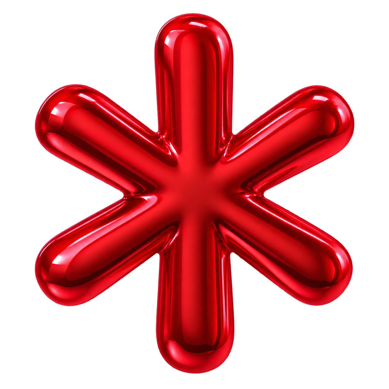 Red metallic 3D star-shaped object with rounded edges and reflective surface.