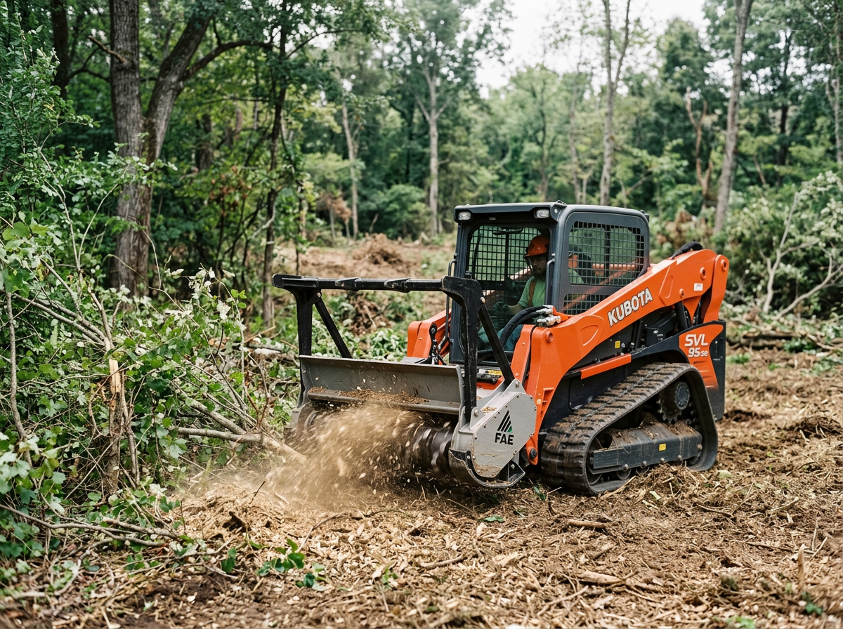 A Kubota mini skid steer loader with tracks, black and orange color, moving soil or debris in a wooded area with trees and green foliage.