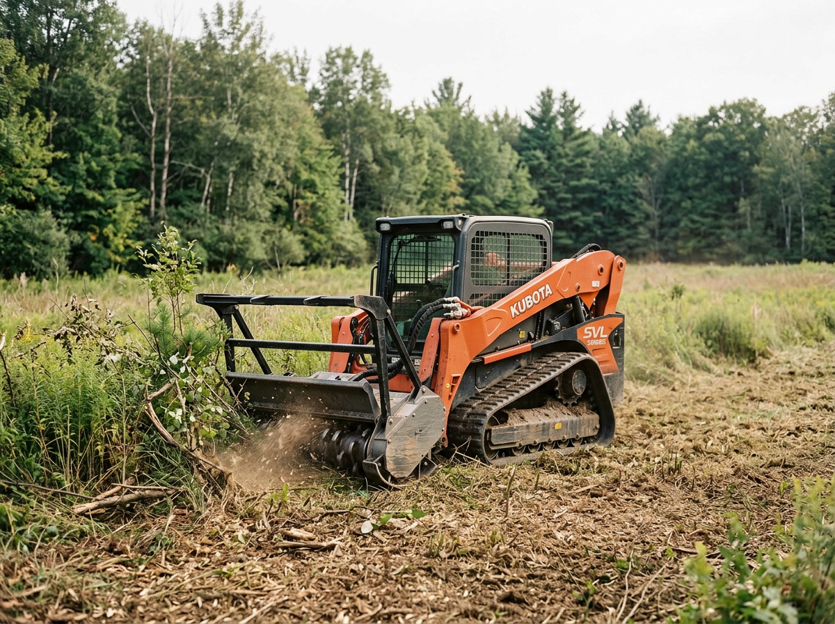 A small orange Kubota tracked skid steer loader clearing brush and small plants in a field surrounded by trees.