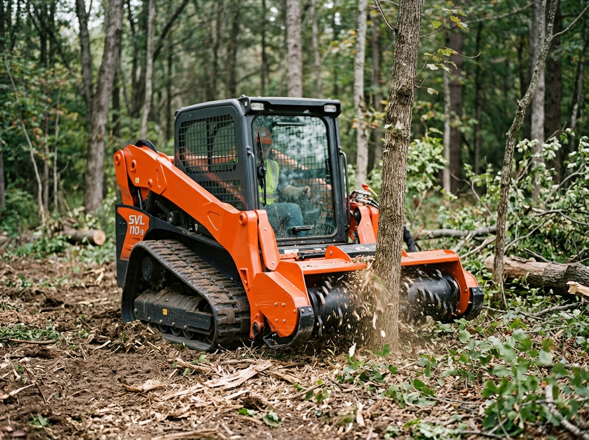 A person in a safety vest operates an orange tracked skid-steer loader, clearing a forested area by uprooting small trees and shrubs.