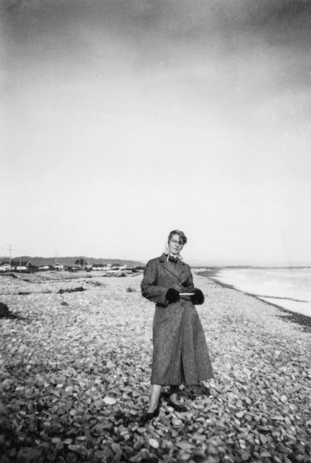 A woman standing on a rocky beach holding a book, with houses and utility poles in the background, under a clear sky.