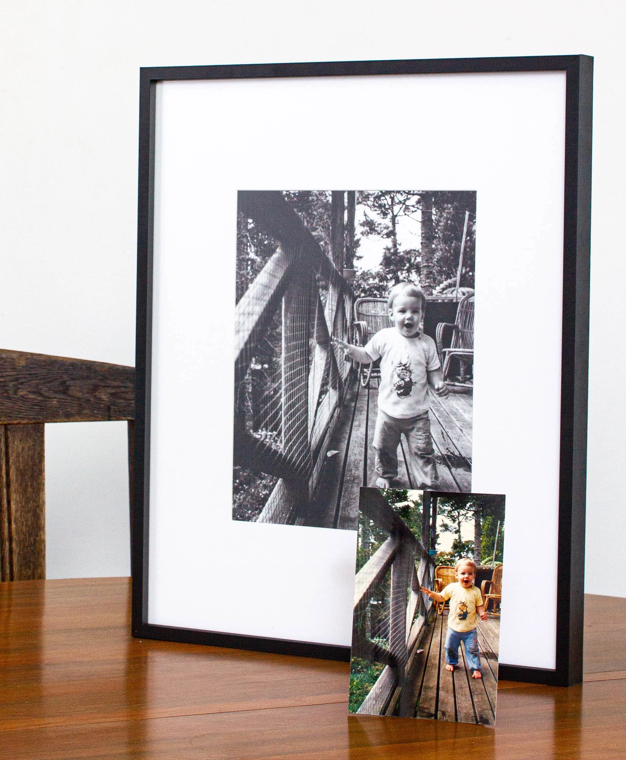 A 6x4 original photo alongside an enlarged reproduction black and white framed print