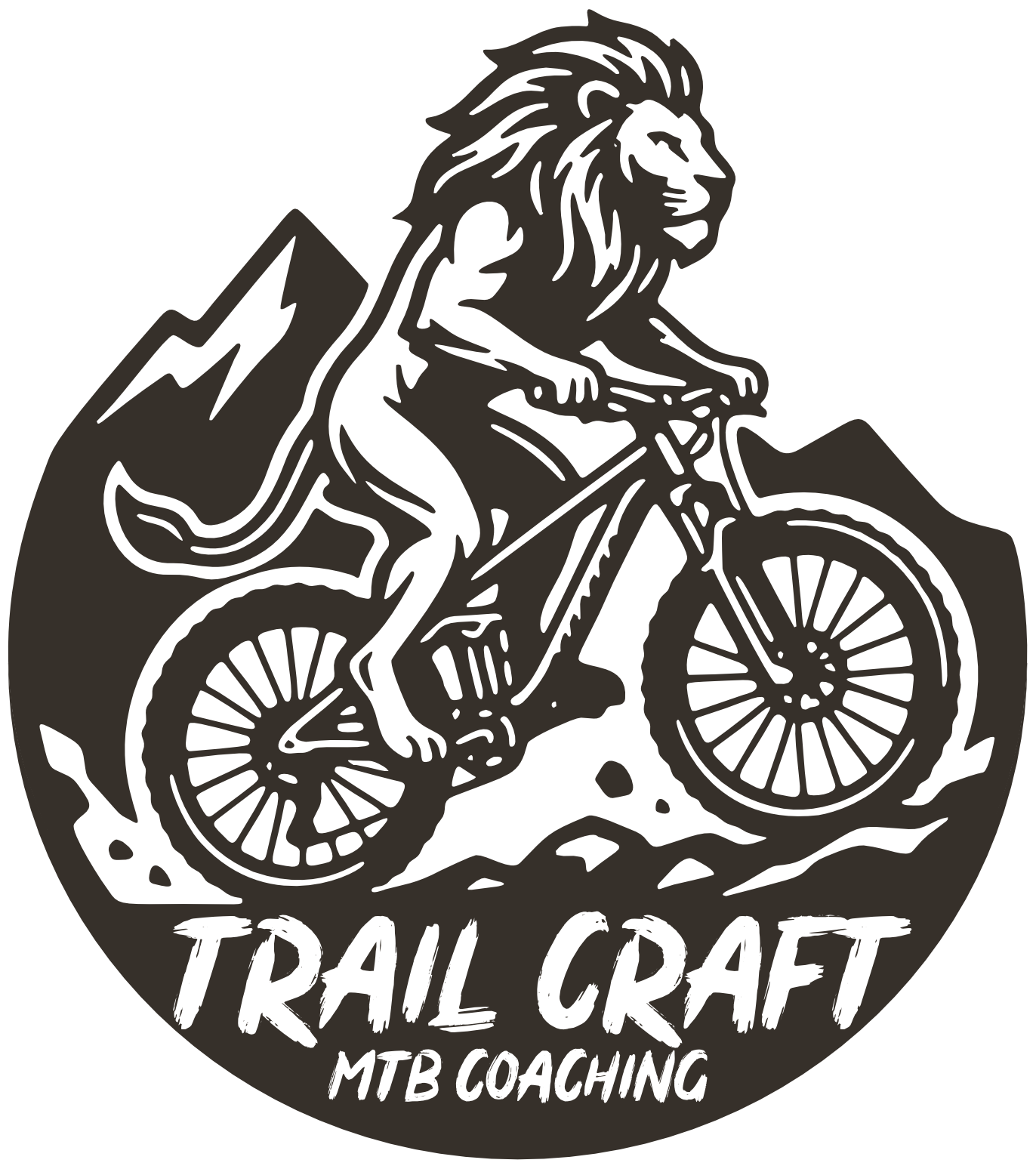 Logo for Trail Craft MTB Coaching featuring a lion riding a mountain bike among mountains with the text "Trail Craft MTB Coaching."