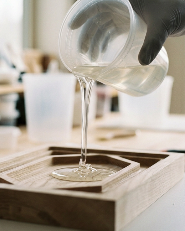 pouring a clear resin into a wooden tray.
